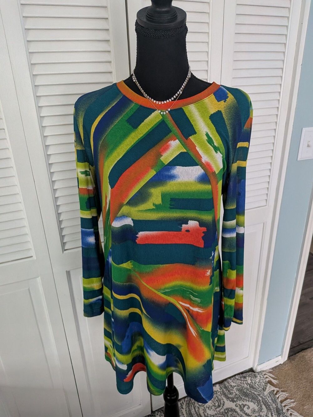 IC By Connie K Tunic Womens M Green Multi Blouse Lagenlook Artsy Art To Wear Top